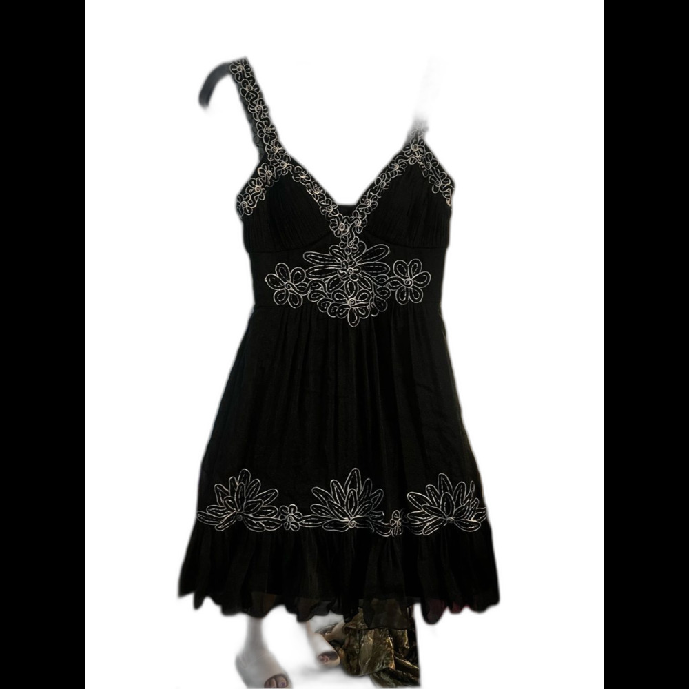 Sue Wong Black Mini Dress with White Floral Embroidery